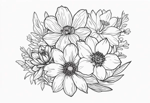 Narcissus, Chrysanthemum,
Cosmos, snow drop that shows all the flower stems for the back of the arm. Fine line. In a flower bouquet tattoo idea