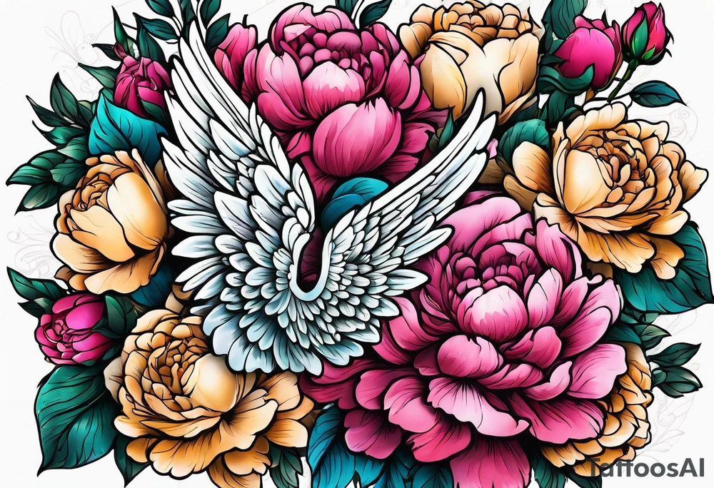 beautiful angel wings with floral peonies, roses, neon, brightly colored. highly detailed, tattoo idea