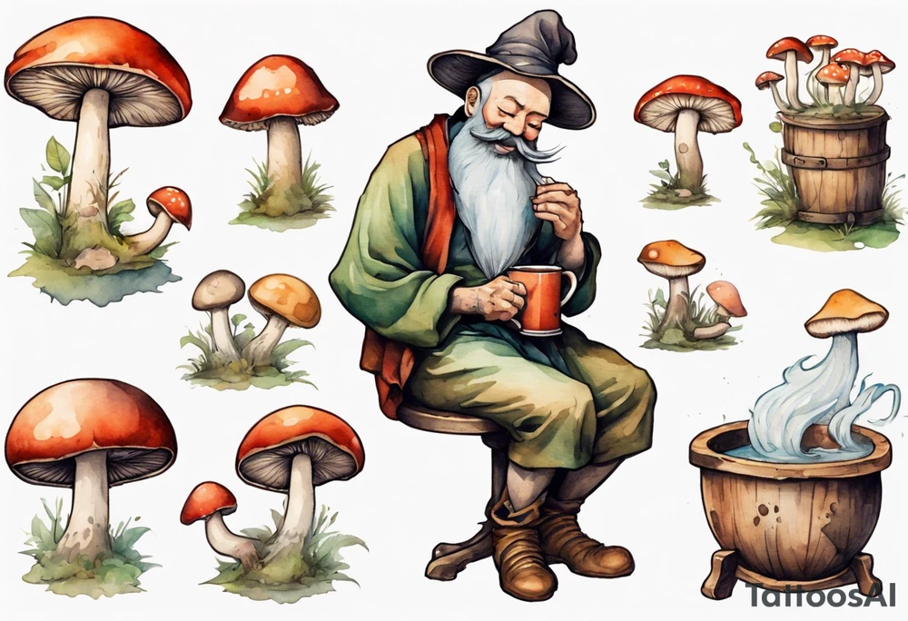 a medieval mushroom with a beard sitting on a stool drinking from a wood mug, laughing tattoo idea