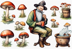 a medieval mushroom with a beard sitting on a stool drinking from a wood mug, laughing tattoo idea