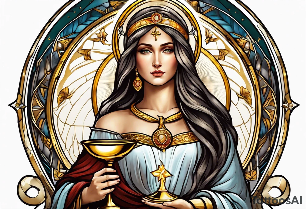 holy saint woman with golden halo holding a chalice tattoo idea