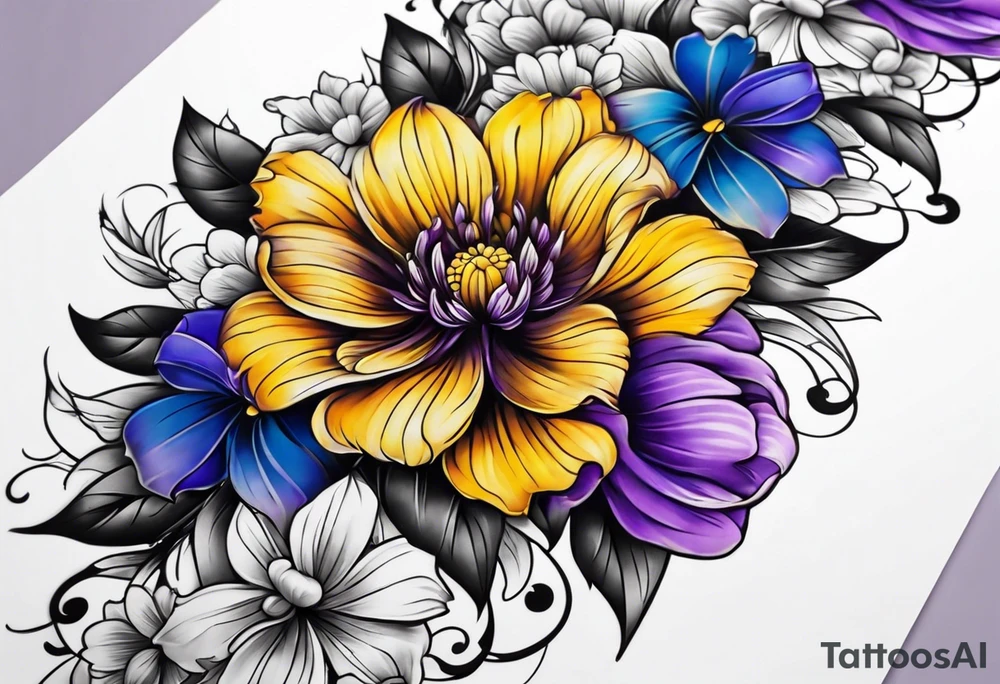 Arm sleeve with purple, yellow and blue flowers tattoo idea