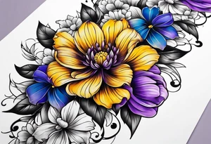 Arm sleeve with purple, yellow and blue flowers tattoo idea