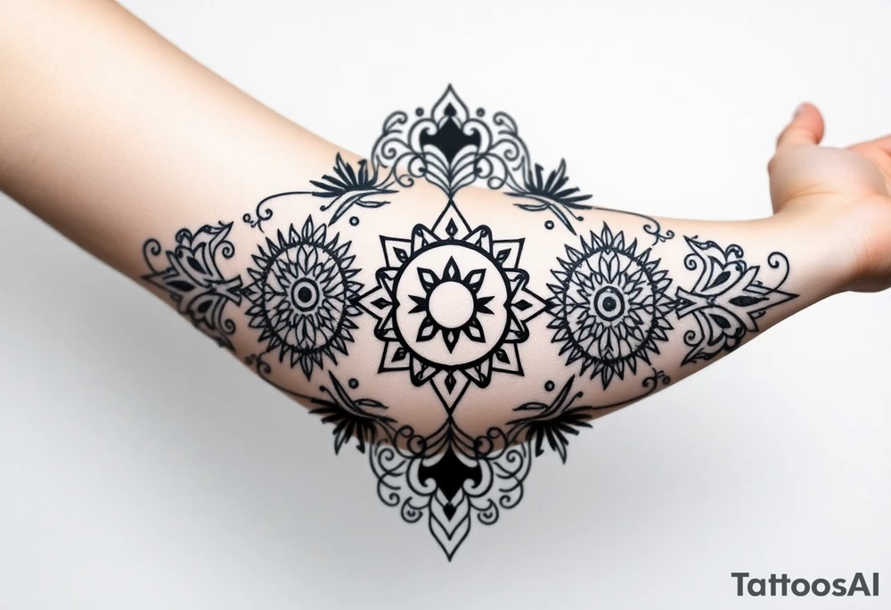5 Geometric floral circles connected to reflect family unity. Two base elements for my husband and I, intertwined floral patterns like mirrored vines or spiral paisleys representing our identical twins, and a Gemini zodiac sign for my son. Use feminine-yet-bold linework and Interconnected elements tattoo idea
