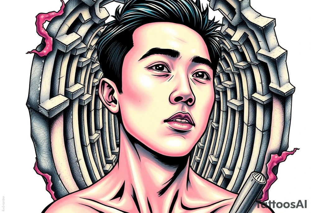 Handsome Asian young guy lost in a nightmarish labyrinth tattoo idea