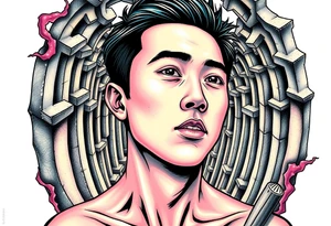 Handsome Asian young guy lost in a nightmarish labyrinth tattoo idea