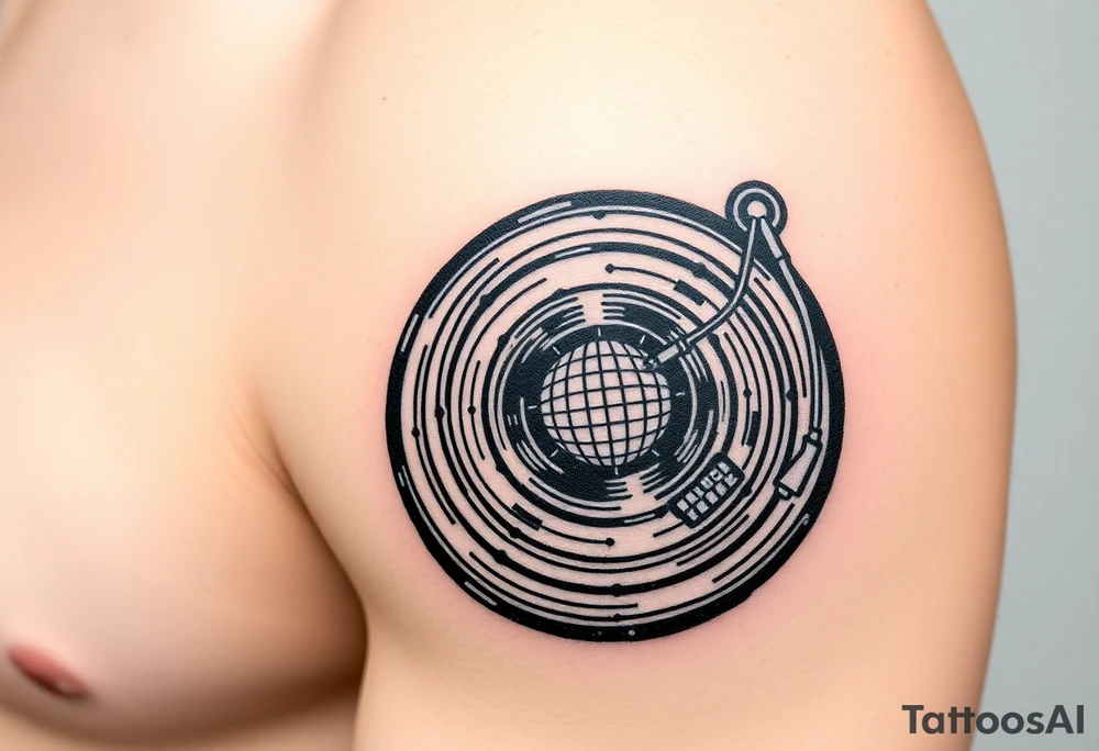 vinyl record player with a smaller disco ball to the side of it tattoo idea