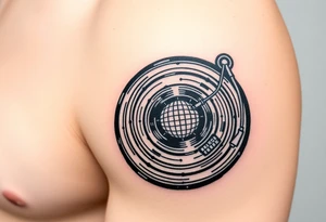 vinyl record player with a smaller disco ball to the side of it tattoo idea