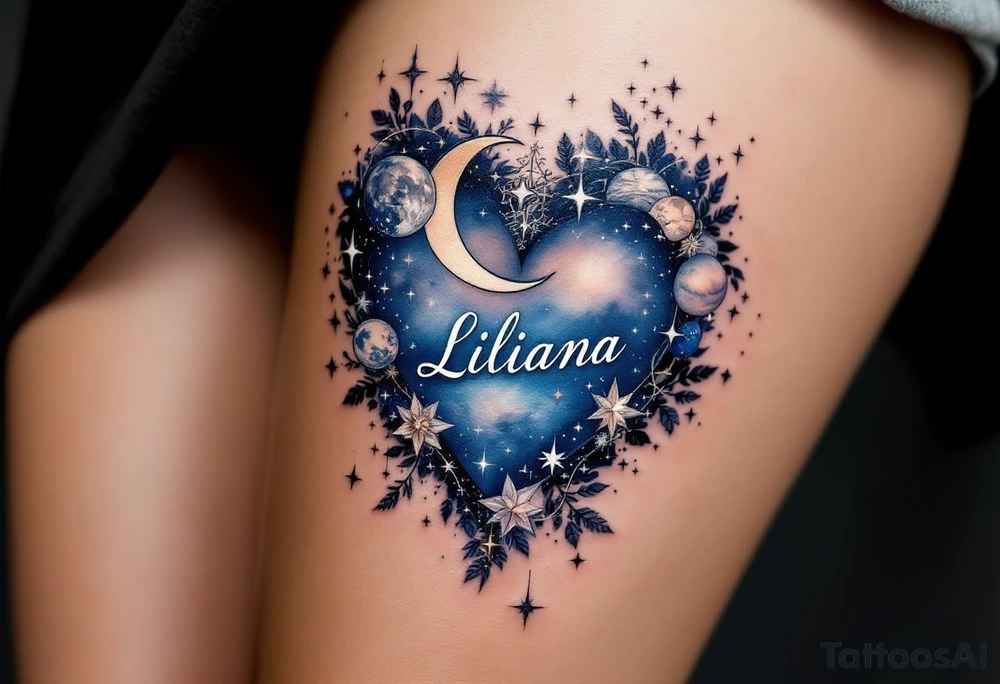 A heart surrounded by celestial bodies, with stars, a crescent moon, and the name "Liliana" written in an elegant, silver font, surrounded by soft shades of midnight blue. tattoo idea