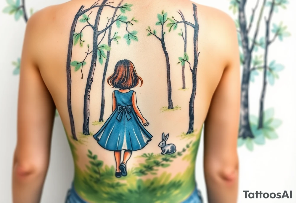 Back view of a girl in a blue dress walking in a forest following a small white rabbit. A pocket watch on top of the scene, falling amongst the trees tattoo idea