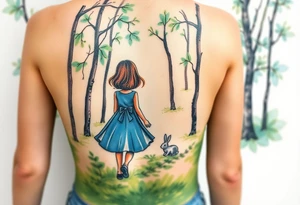 Back view of a girl in a blue dress walking in a forest following a small white rabbit. A pocket watch on top of the scene, falling amongst the trees tattoo idea