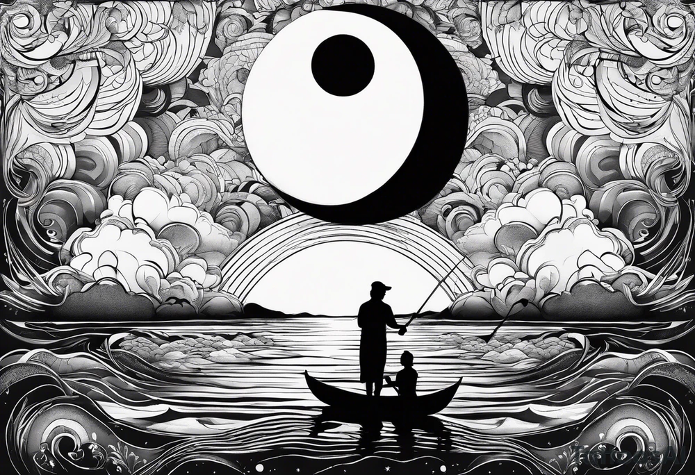 Silouhette of two people on water with moon tattoo idea