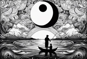 Silouhette of two people on water with moon tattoo idea