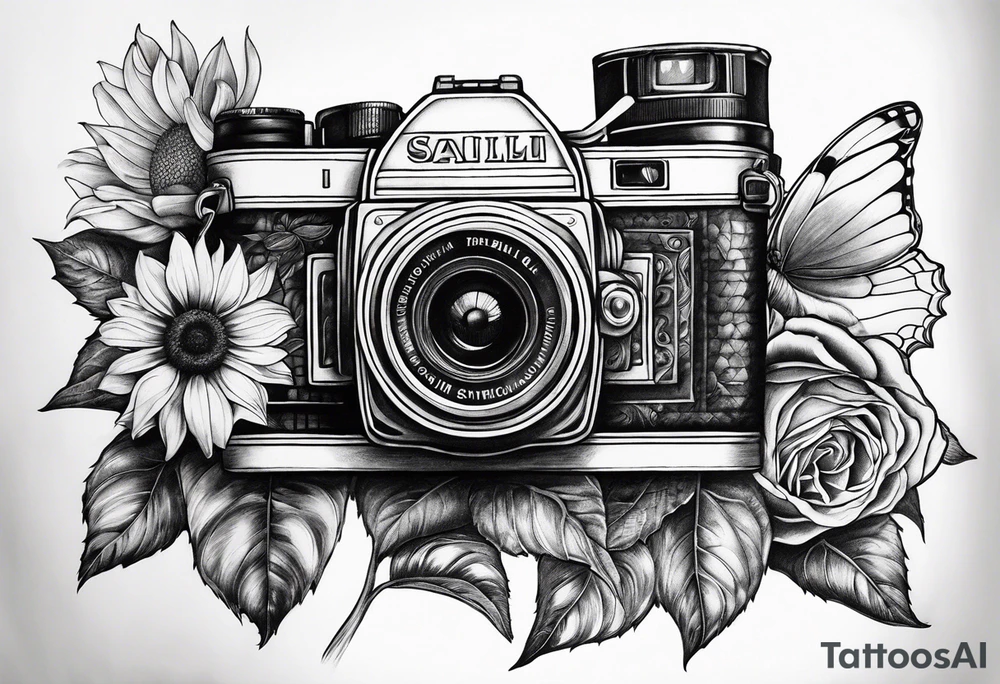 Butterfly, sunflower, camera, book, flower rose tattoo idea
