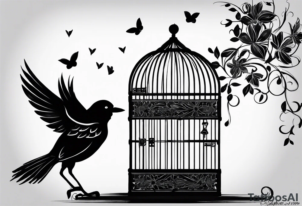 big bird in a long but too small cage as in the song ''big bird in a small cage'' from patrick watson. the wings of the bird passing threw the bars of the cage.
 Add decoration outside the cage like flowers or foliage tattoo idea
