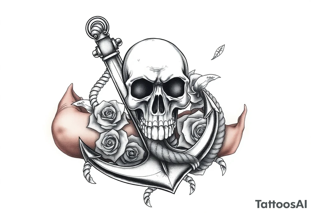 weathered anchor wrapped in nautical rope with sea waves and Roses below aged skull,. tattoo idea