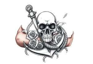 weathered anchor wrapped in nautical rope with sea waves and Roses below aged skull,. tattoo idea