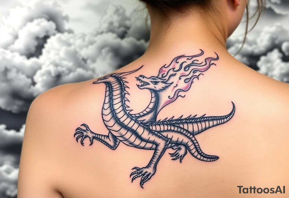 fierce dragon breathing iridescent fire against stormy skies tattoo idea