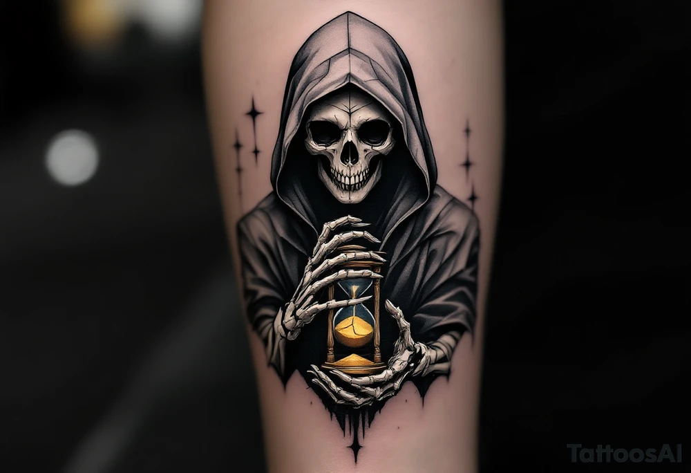 A skeletal angel in a hooded robe, holding a cracked hourglass with golden sand slipping through its bony fingers. tattoo idea