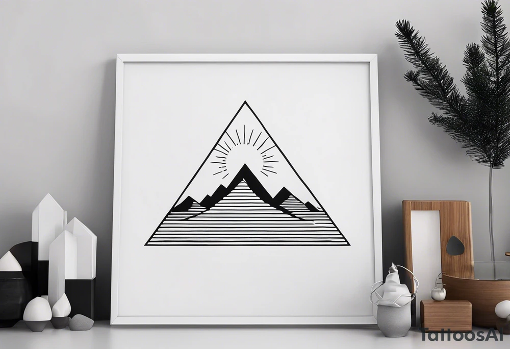 Create a tattoo in a minimalistic style, including a vertical line symbolizing a path or journey. The design should include the following elements: the image of a fir tree at the top, the outline of a mountain in the center, and the sun with rays at the bottom. All elements should be done in black outlines without filling, creating a clean and elegant image. tattoo idea