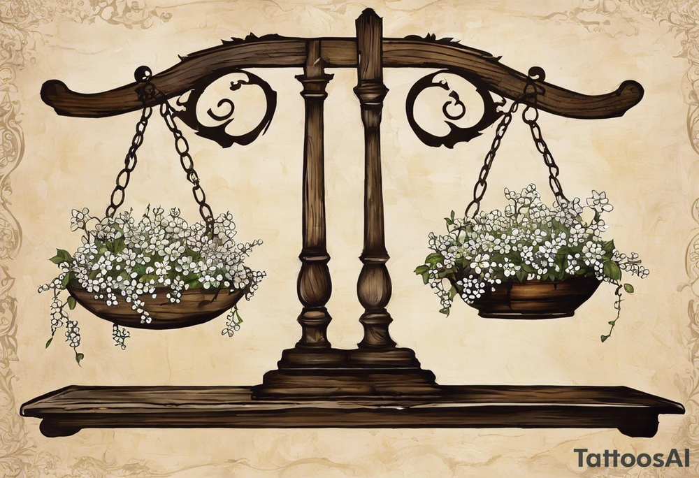 I need you to draw me a old libra scale out of tattered wood. The ends of the cross of wood need to be  broken. I need the bottom to look tattered possible cracks and holes  in wood of scale. I need vines with little white flowers wrapped all the way up the scale across the wood beam. And I want the scale bowls need to be attached by the vines. And I want the two weights of the scale to be wooden as well. They also need to look tattered. The weights need to be fastened on by the vines. I need to make it look like the ends of the vines on both scales is just loosely. I need to incorporate pieces koi fish in beautiful blues greens, and pinks.The fish need to be one on each scale balancing the scale and the tail of the left on, pointing down. the beautiful fish tail fins needs to be covering part of the tattered piece and the fish on the rights tail will be facing unpard with the fin of beauty starting to court the same pic tattoo idea