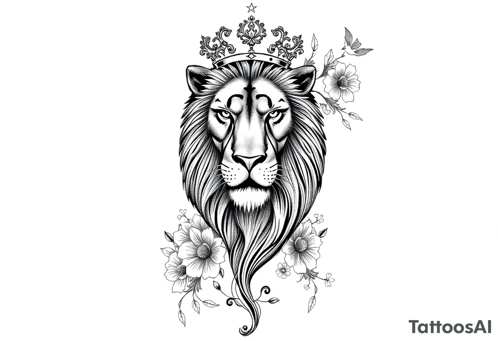 powerful majestic lion with a crown, surrounded by floral ornaments and birds tattoo idea