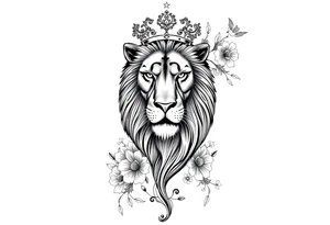 powerful majestic lion with a crown, surrounded by floral ornaments and birds tattoo idea