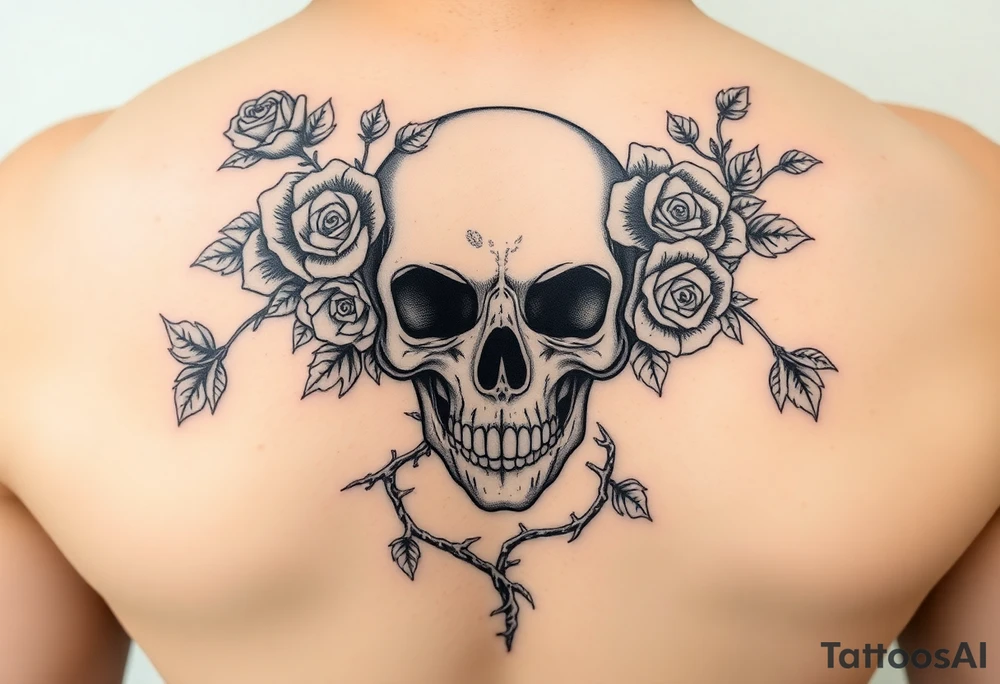 gothic skull intertwined with climbing roses and thorny vines tattoo idea
