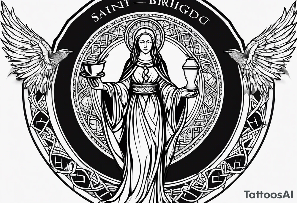 A full back piece themed on the surname mcbride and the irish saint brigid. It should take inspiration from artwork of saint brigid holding fire in her hands. It should have the text Vincit Pericula Virtus on it tattoo idea
