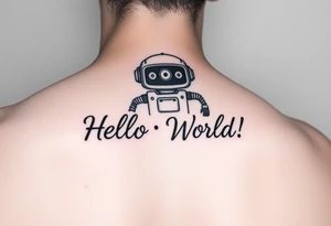 Tattoo of a cute robot with the text 'Hello, World!' tattoo idea