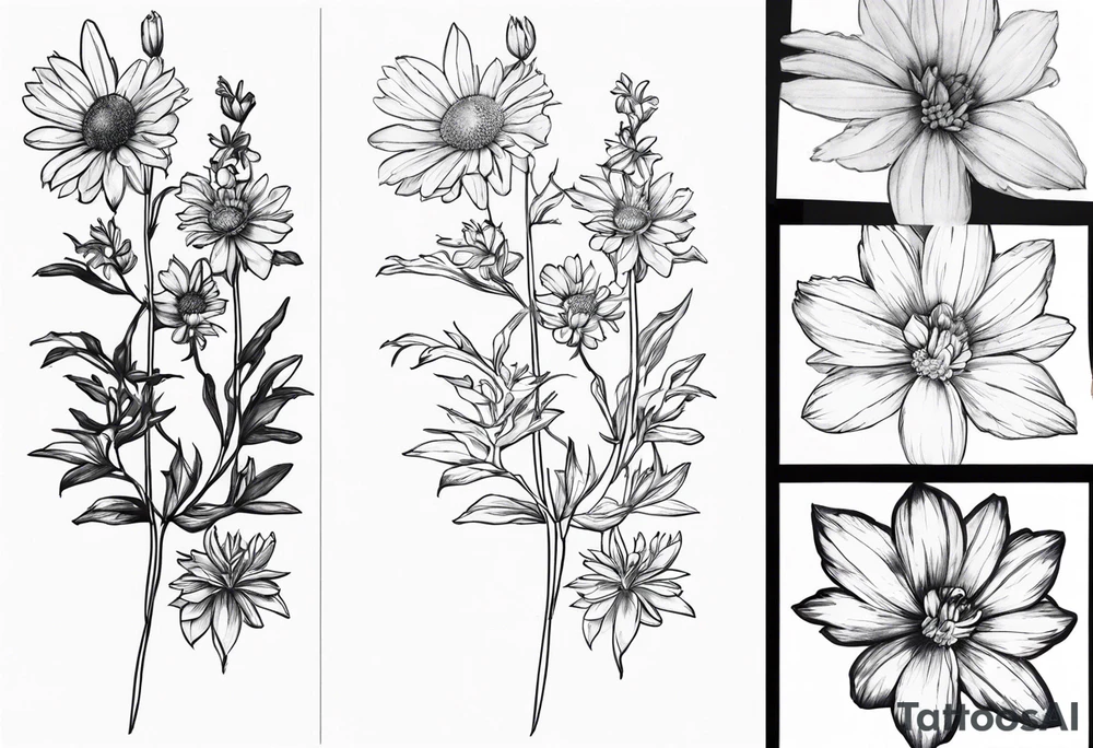Aster and larkspur tall bouquet tattoo idea
