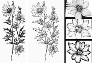 Aster and larkspur tall bouquet tattoo idea