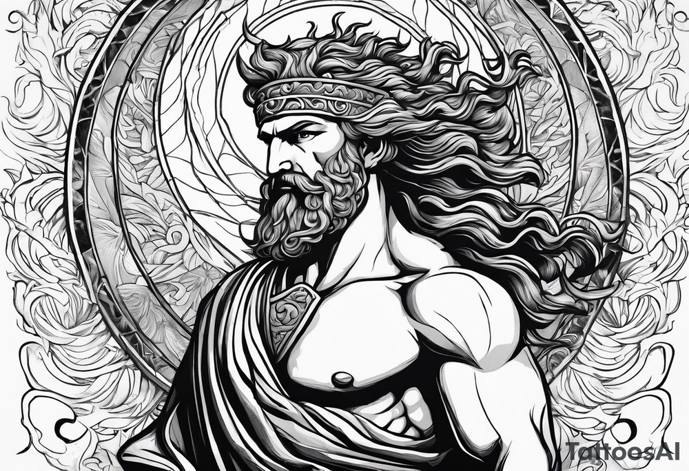 the greek god melitus embodying masculinity with a background of storms tattoo idea