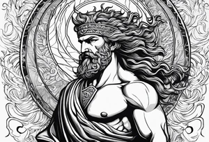 the greek god melitus embodying masculinity with a background of storms tattoo idea