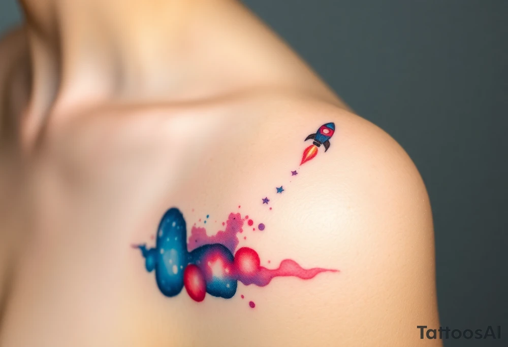 A tiny rocket launching from the one person towards the other person galaxy tattoo, in vibrant blues, reds, and purples, symbolizing a journey of growth tattoo idea
