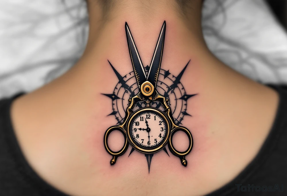 Scissors and Clock Tattoo – A vintage-style pair of brass scissors placed near an old-fashioned pocket watch, with black and gold tones to create a sense of timelessness, symbolizing the passage of time and the precision of moments. tattoo idea