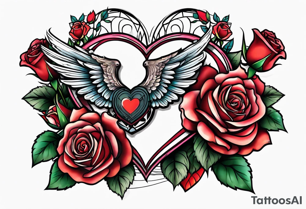winged heart and roses tattoo idea
