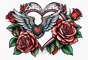 winged heart and roses tattoo idea