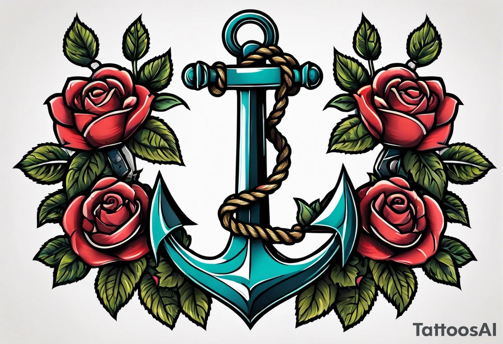 anchor with rope and roses old school simple traditional vintage tattoo idea
