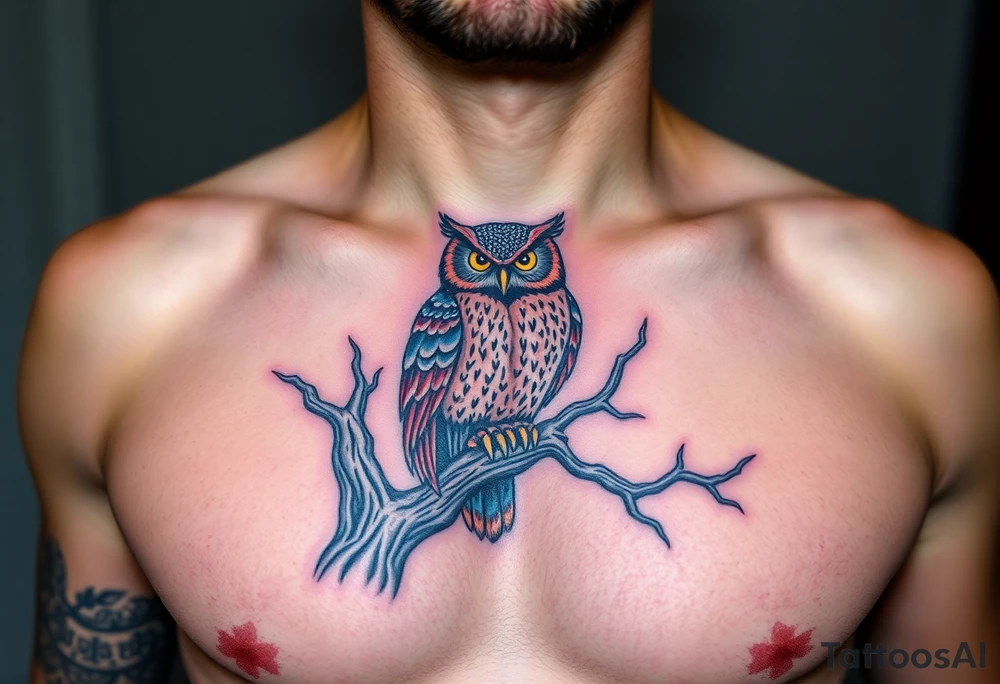 wise owl perched on ancient oak branch under starlit sky tattoo idea