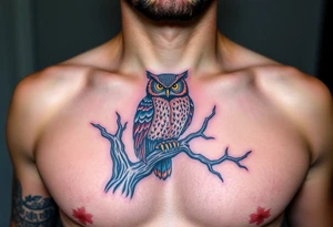 wise owl perched on ancient oak branch under starlit sky tattoo idea