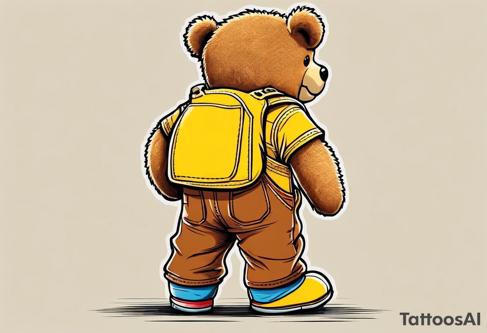 image of the back of a light brown teddy bear standing in yellow overalls, striped tank top and wearing boots and holding the hand of a little girl tattoo idea