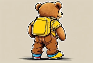 image of the back of a light brown teddy bear standing in yellow overalls, striped tank top and wearing boots and holding the hand of a little girl tattoo idea