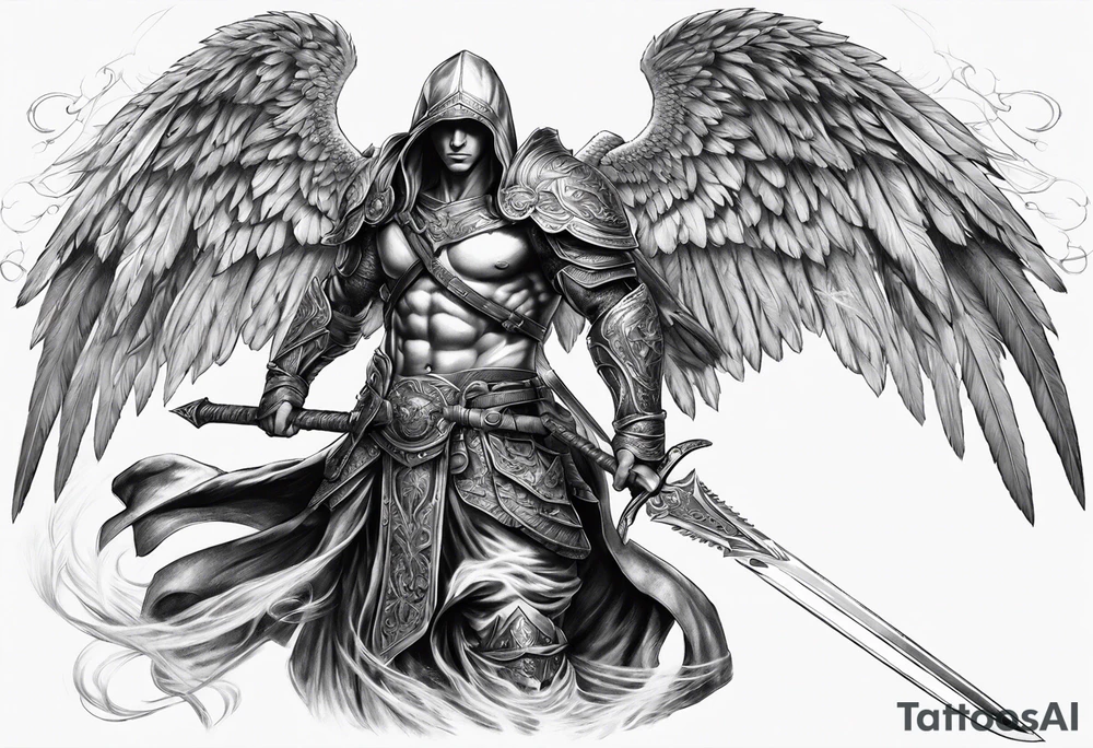 Arch angel hood fighting sword male full body heavenly tattoo idea