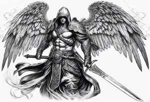 Arch angel hood fighting sword male full body heavenly tattoo idea