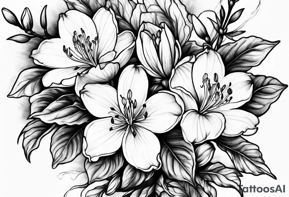 5-petal azaleas with buds along a long branch tattoo idea