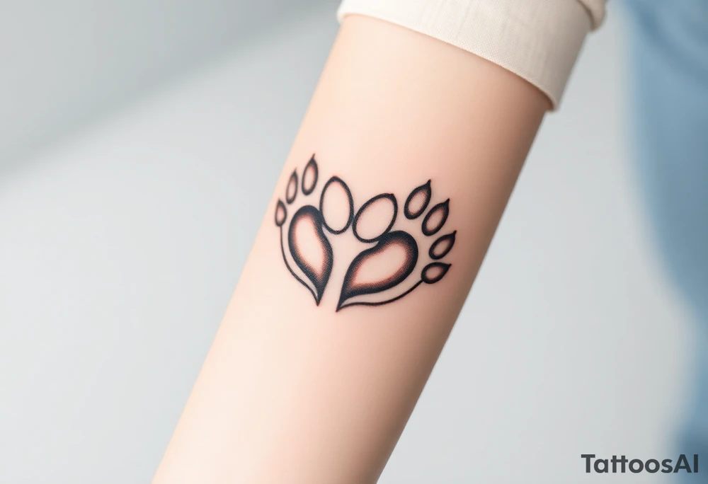 A tattoo of two paws forming a heart, one in a realistic fur texture and the other in a simple outline, symbolizing the contrast between reality and memory tattoo idea