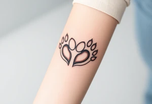 A tattoo of two paws forming a heart, one in a realistic fur texture and the other in a simple outline, symbolizing the contrast between reality and memory tattoo idea