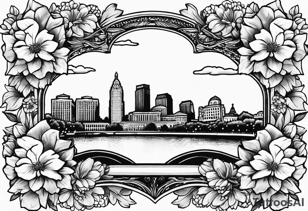 saint louis missouri city skyline over a banner surrounded by flowers with the arch tattoo idea