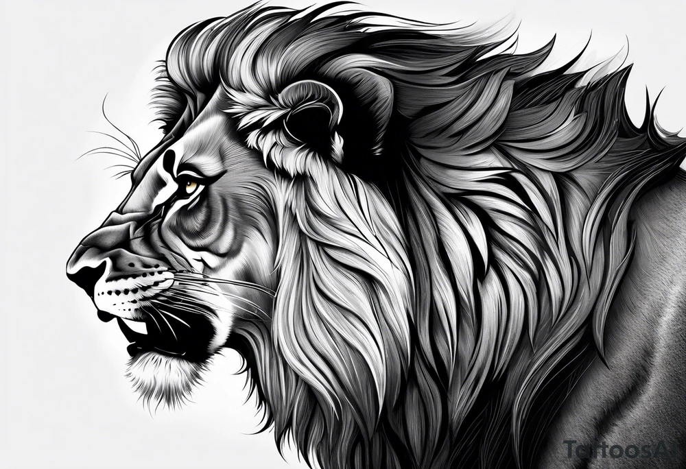 A roaring lion’s face with a flowing mane, emphasizing strength and courage, detailed fur textures tattoo idea